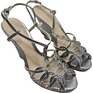 Elie Tahari Silver Metallic Strappy Wedge Heeled Sandals Womens 8.5 38.5 Leather
